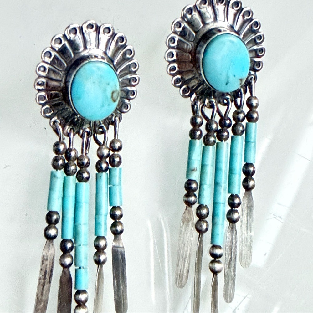 Vtg Signed Q.T Quoc Southwest Style Sterling925 &Turquoise Dangle Earrings 2.25” - Picture 3 of 7